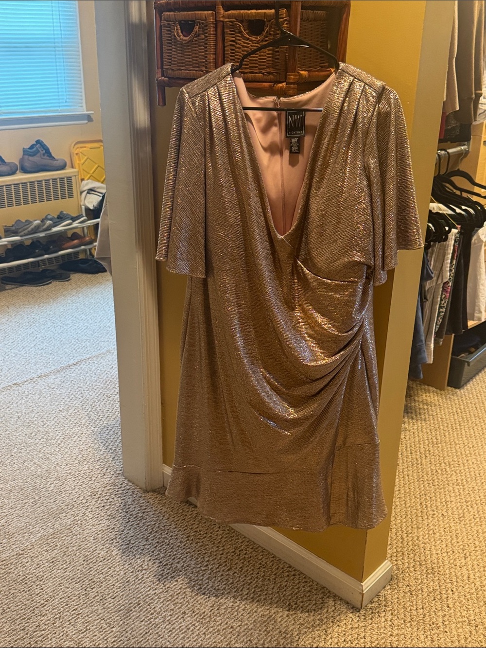 Night Way Collections Rose Gold Metallic V-Neck Midi Dress